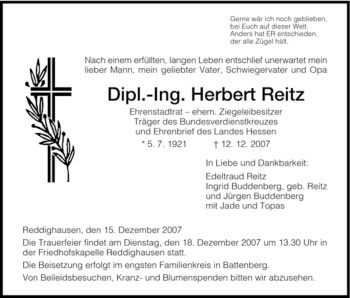 Traueranzeigen Von Herbert Reitz Trauer HNA De