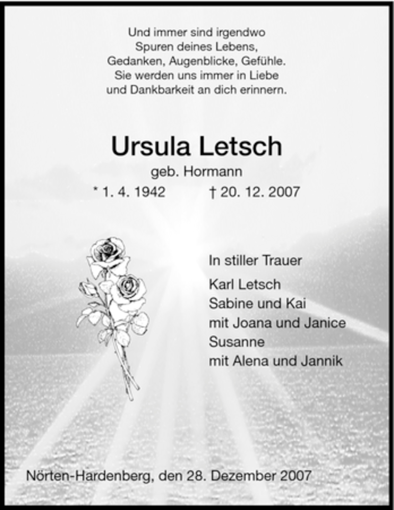 Traueranzeigen Von Ursula Letsch Trauer HNA De