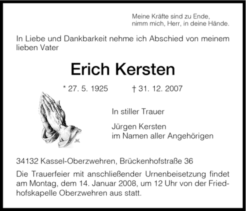 Traueranzeigen Von Erich Kersten Trauer HNA De