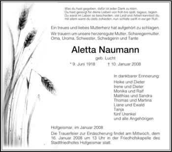 Traueranzeigen Von Aletta Naumann Trauer HNA De