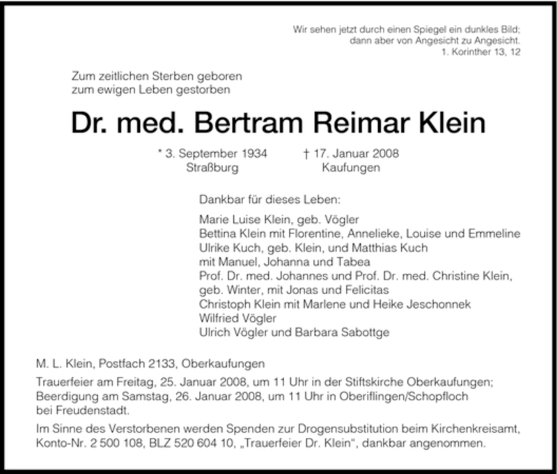 Traueranzeigen Von Bertram Reimar Klein Trauer Hna De