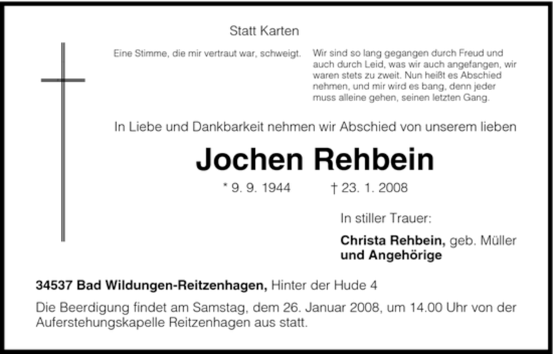 Traueranzeigen Von Jochen Rehbein Trauer Hna De