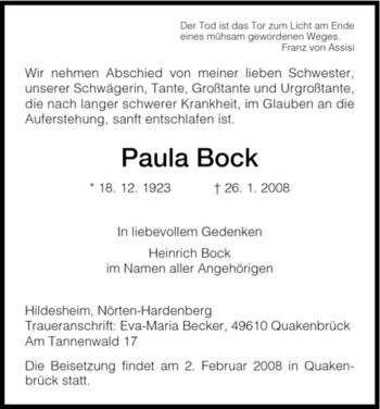 Traueranzeigen Von Paula Bock Trauer Hna De