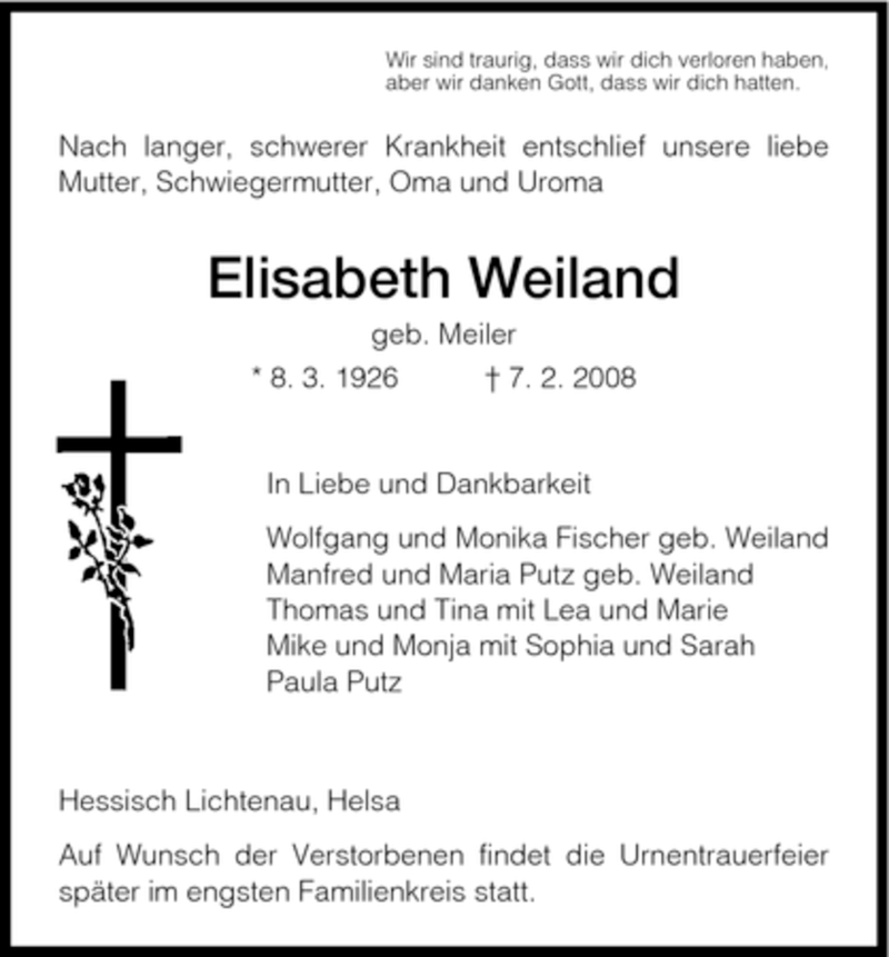 Traueranzeigen Von Elisabeth Weiland Trauer Hna De