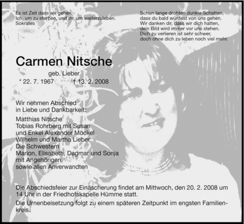 Traueranzeigen Von Carmen Nitsche Trauer HNA De