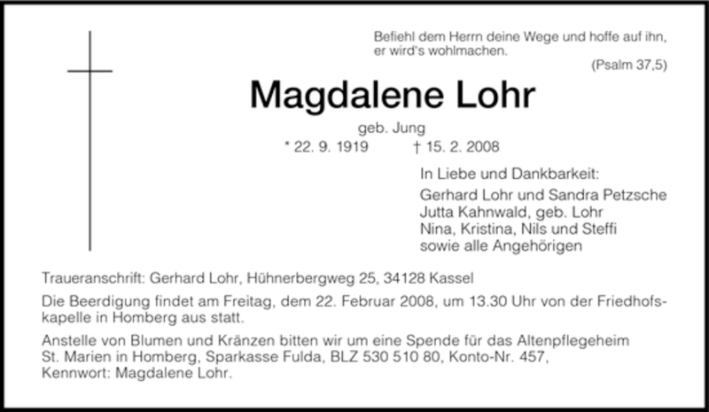 Traueranzeigen Von Magalene Lohr Trauer HNA De