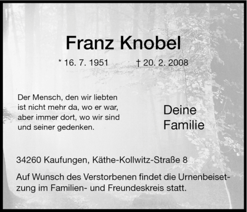 Traueranzeigen Von Franz Knobel Trauer HNA De