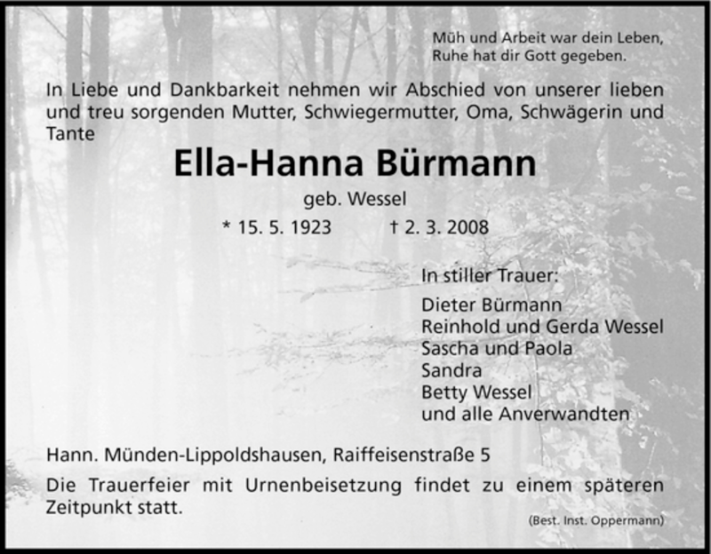 Traueranzeigen von Ella Hanna Bürmann Trauer HNA de