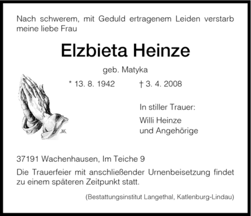 Traueranzeigen Von Elzbieta Heinze Trauer Hna De