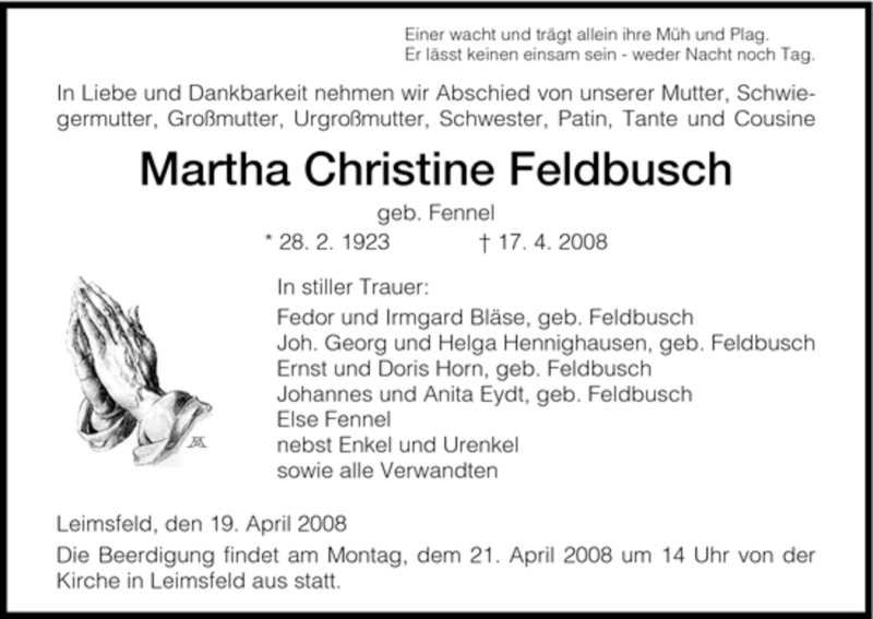 Traueranzeigen Von Martha Christine Feldbusch Trauer HNA De