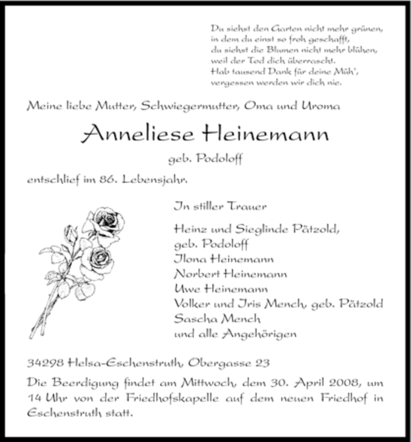 Traueranzeigen Von Anneliese Heinemann Trauer HNA De