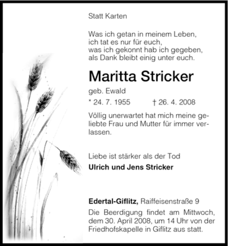 Traueranzeigen Von Maritta Stricker Trauer Hna De