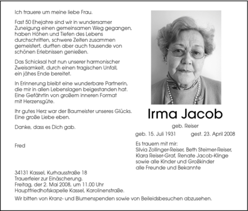 Traueranzeigen Von Irma Jacob Trauer HNA De