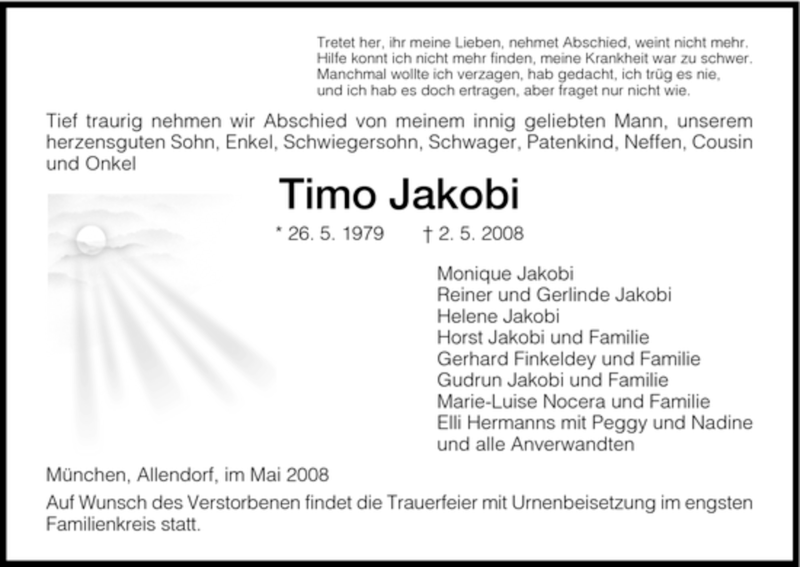 Traueranzeigen Von Timo Jakobi Trauer Hna De