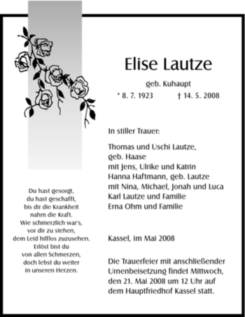 Traueranzeigen Von Elise Lautze Trauer HNA De