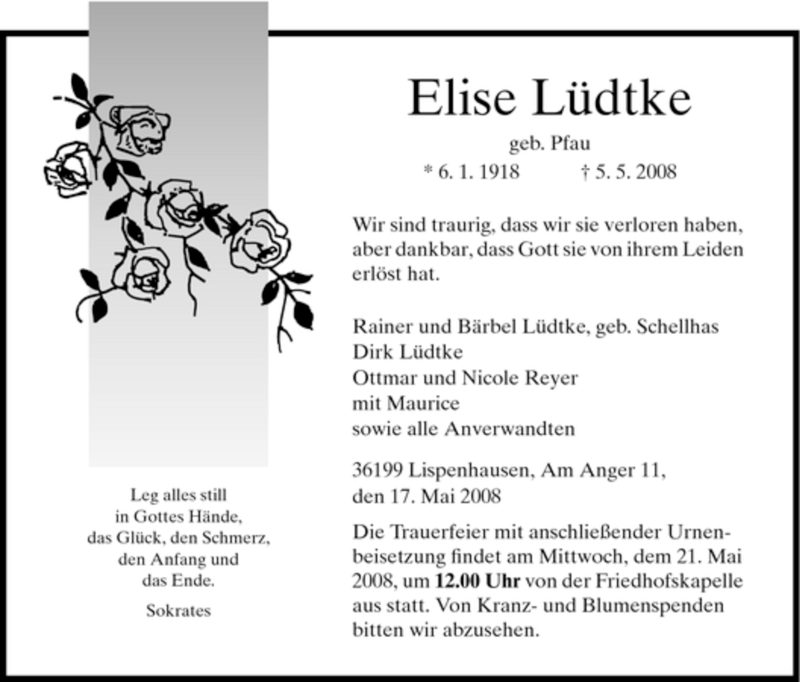 Traueranzeigen Von Elise L Dtke Trauer Hna De