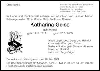 Traueranzeigen Von Katharina Geise Trauer Hna De