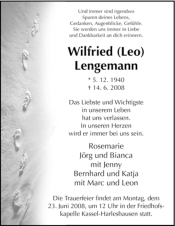 Traueranzeigen Von Wilfried Lengemann Trauer HNA De