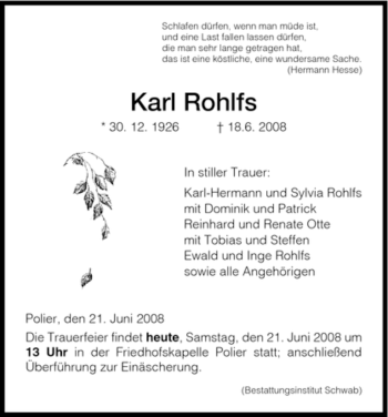 Traueranzeigen Von Karl Rohlfs Trauer Hna De