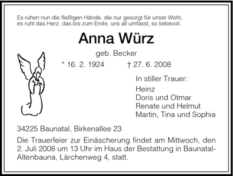 Traueranzeigen von Anna Würz Trauer HNA de