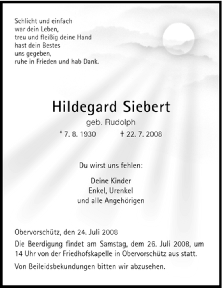 Traueranzeigen Von Hildegard Siebert Trauer HNA De