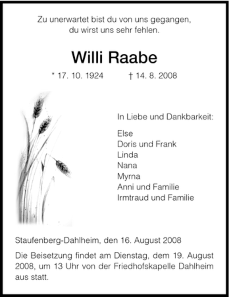 Traueranzeigen Von Willi Raabe Trauer HNA De