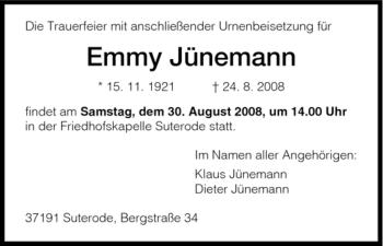 Traueranzeigen von Emmy Jünemann Trauer HNA de