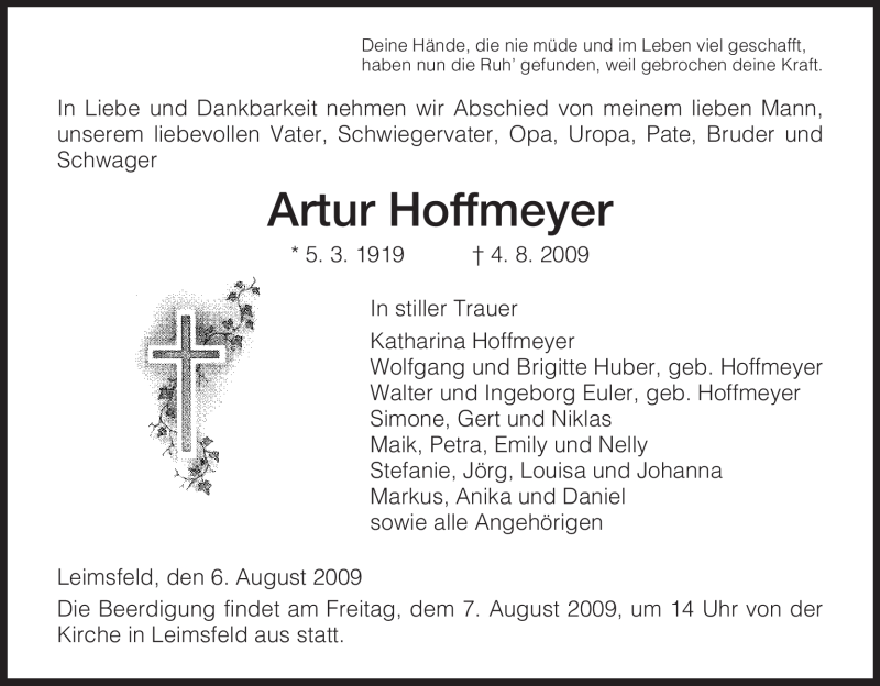 Traueranzeigen Von Artur Hoffmeyer Trauer Hna De