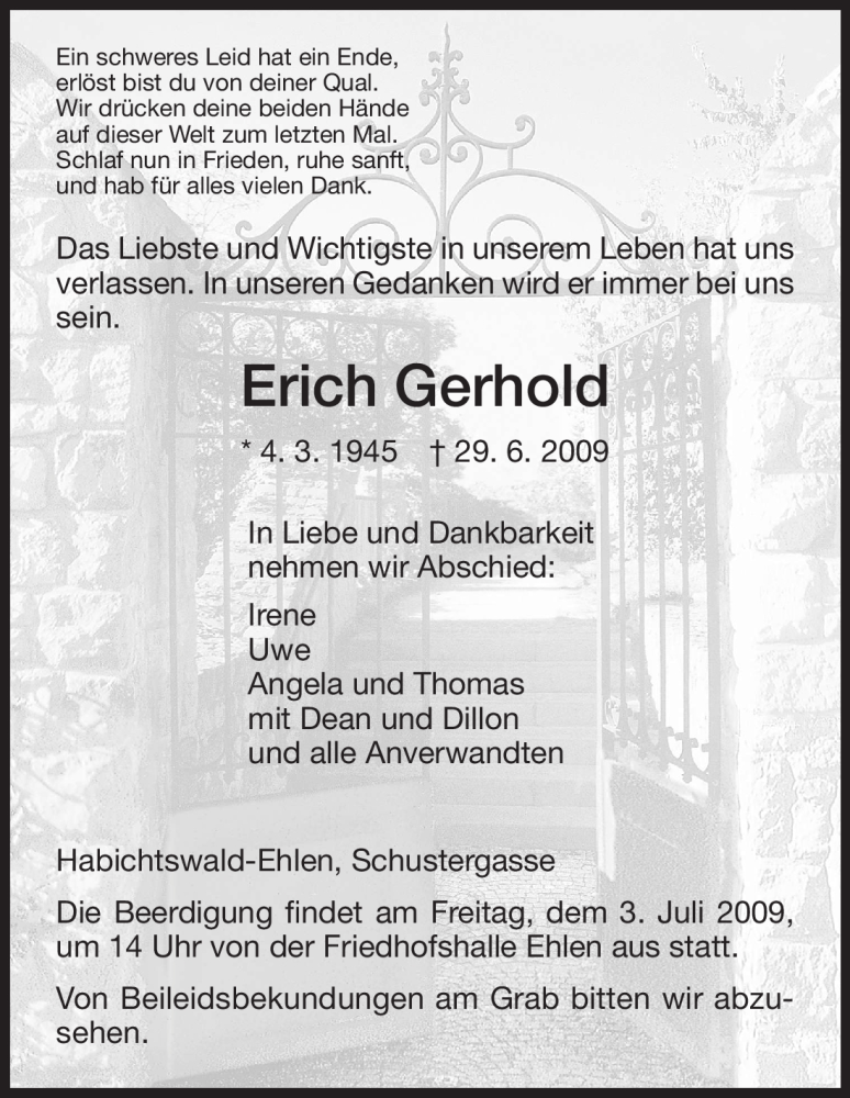 Trauer Und Todesanzeigen Von Erich Gerhold Trauer De