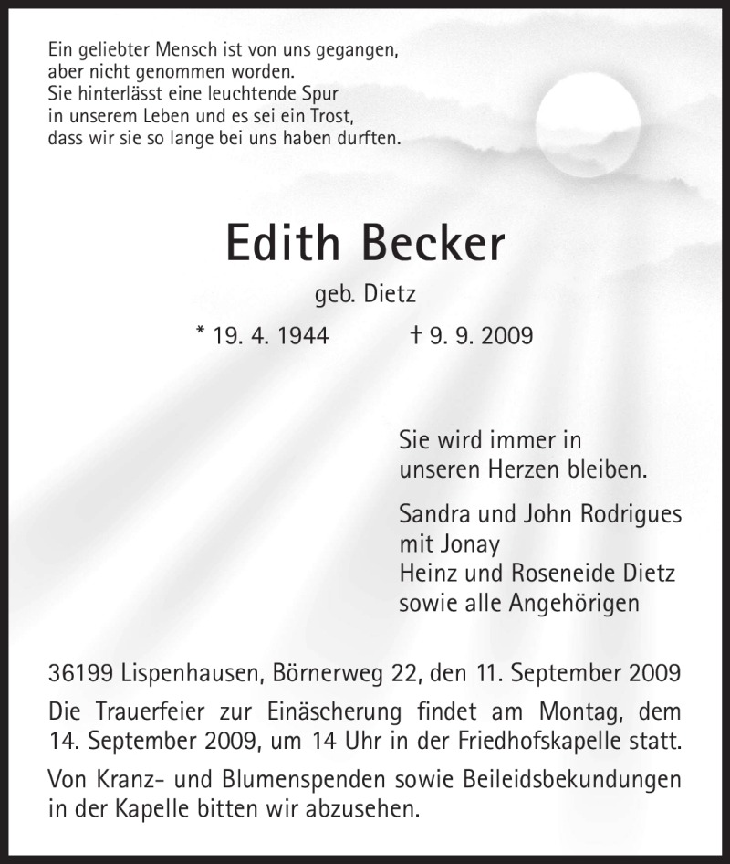 Traueranzeigen Von Edith Becker Trauer HNA De