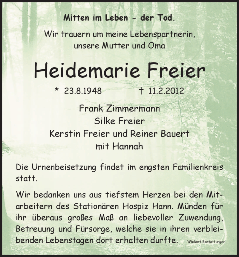 Traueranzeigen Von Heidemarie Freier Trauer Hna De