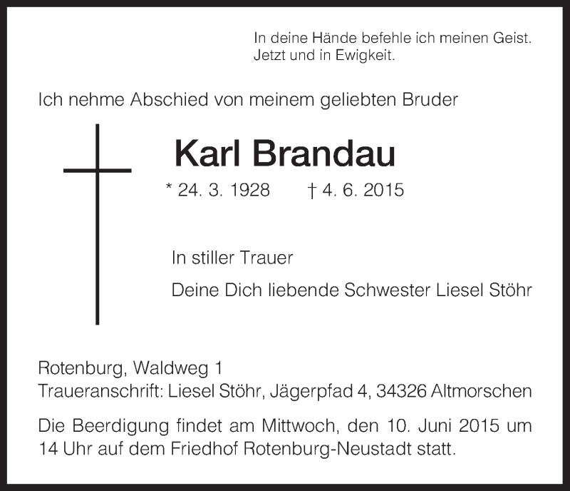 Traueranzeigen Von Karl Brandau Trauer HNA De