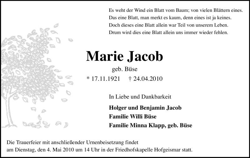 Traueranzeigen Von Marie Jacob Trauer Hna De