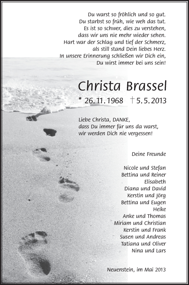 Traueranzeigen Von Christa Brassel Trauer Hna De