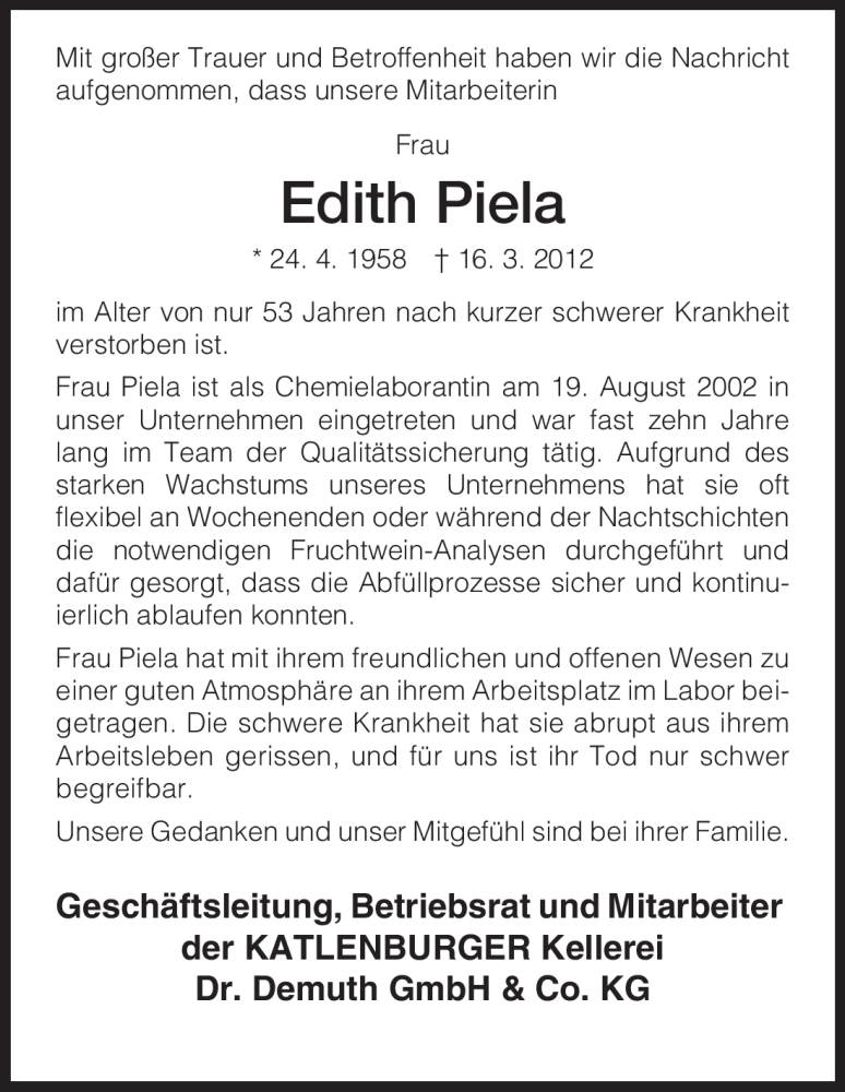 Traueranzeigen Von Edith Piela Trauer Hna De