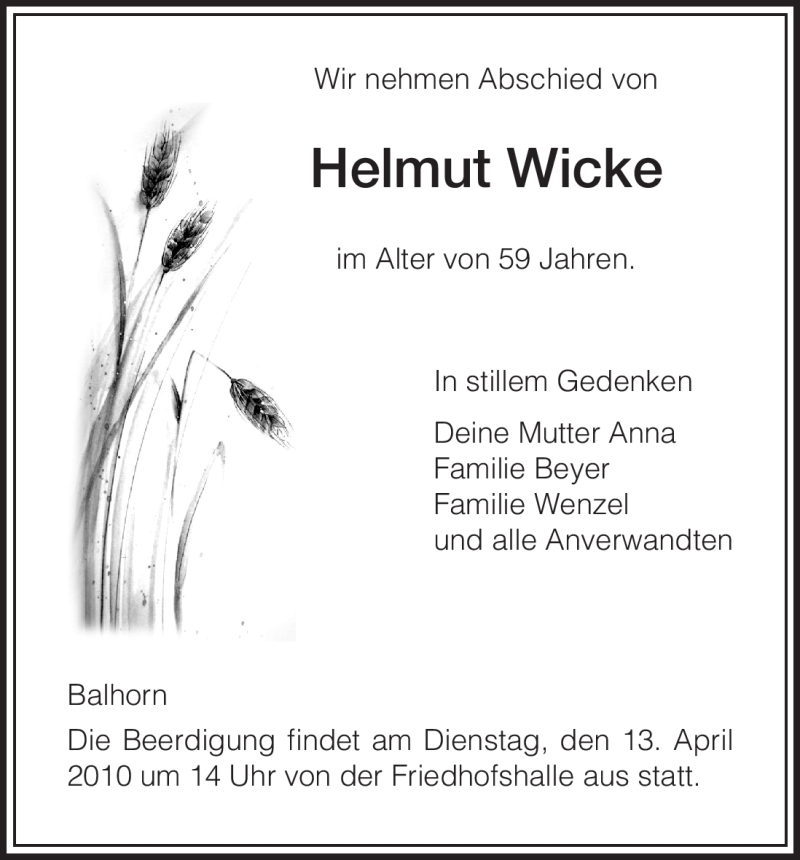 Traueranzeigen Von Helmut Wicke Trauer Hna De