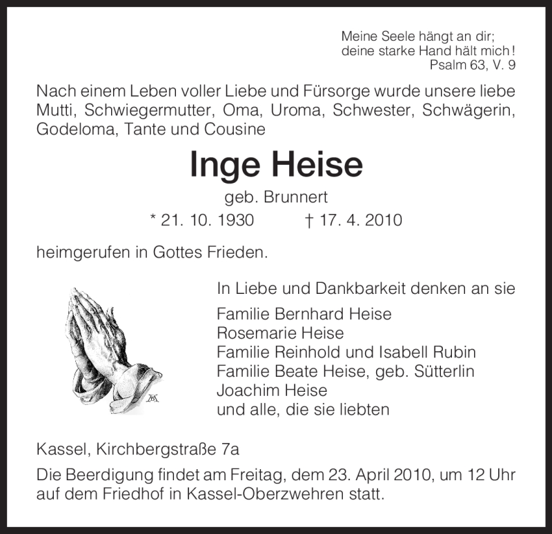 Traueranzeigen Von Inge Heise Trauer Hna De