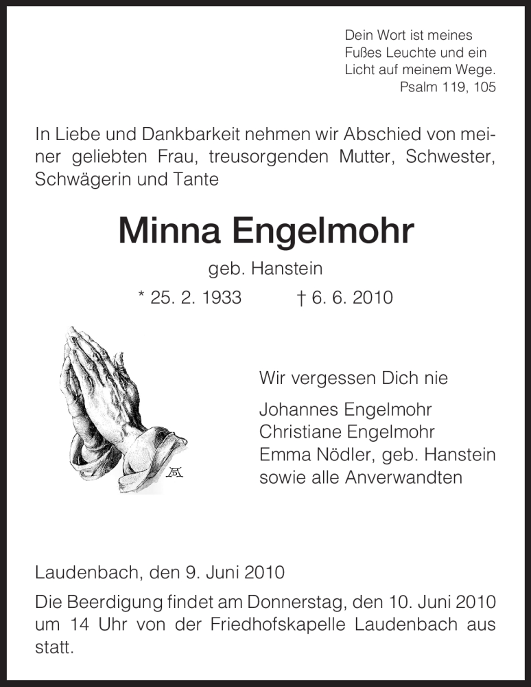 Traueranzeigen Von Minna Engelmohr Trauer Hna De