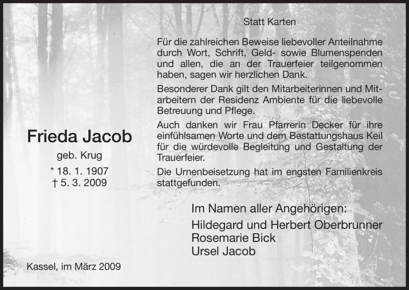 Traueranzeigen Von Frieda Jacob Trauer HNA De