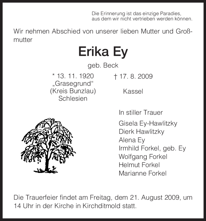 Traueranzeigen Von Erika Ey Trauer HNA De