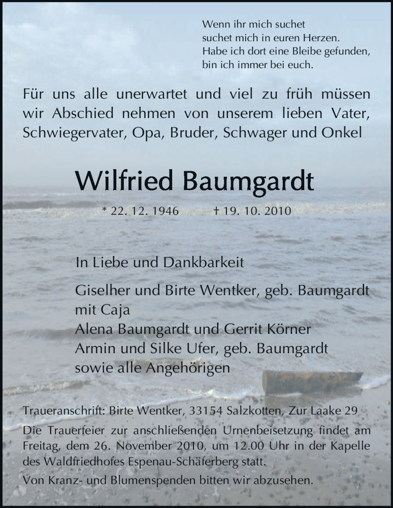 Traueranzeigen Von Wilfried Baumgardt Trauer Hna De