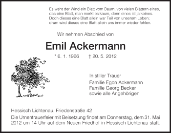 Traueranzeigen Von Emil Ackermann Trauer HNA De