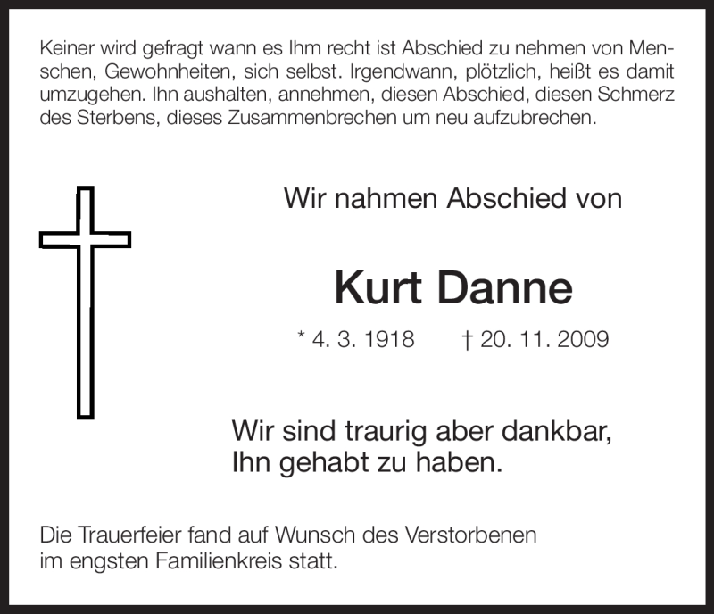 Traueranzeigen Von Kurt Danne Trauer Hna De