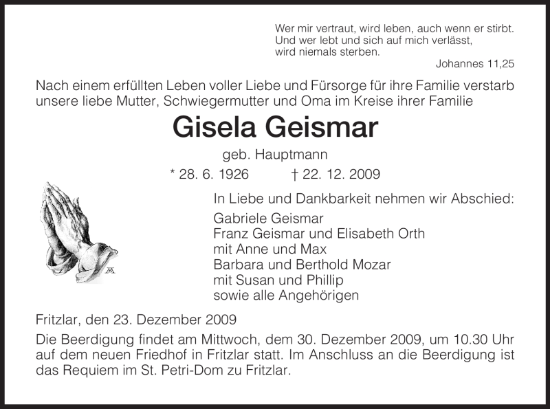 Traueranzeigen Von Gisela Geismar Trauer HNA De