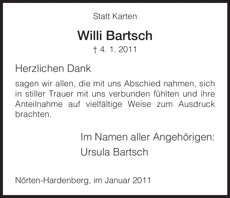 Traueranzeigen Von Willi Bartsch Trauer Hna De