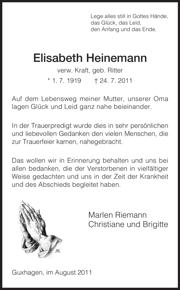 Traueranzeigen Von Elisabeth Heinemann Trauer Hna De