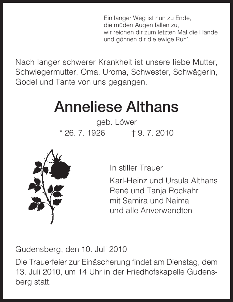 Traueranzeigen Von Anneliese Althans Trauer HNA De