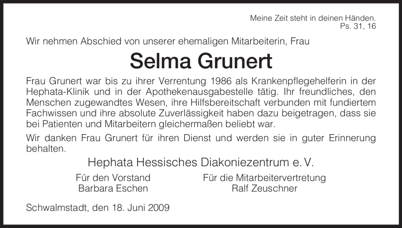 Traueranzeigen Von Selma Grunert Trauer HNA De