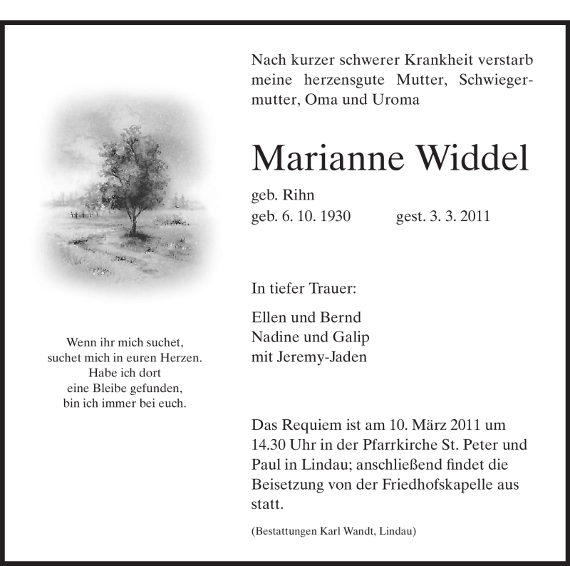 Traueranzeigen Von Marianne Widdel Trauer Hna De