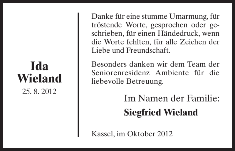 Traueranzeigen Von Ida Wieland Trauer Hna De